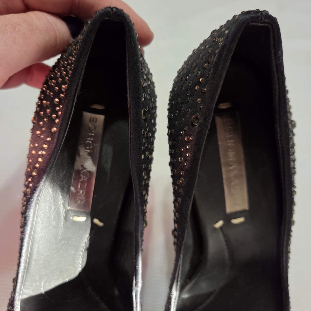 BCBGMaxAzria Black Satin + Champagne Sparkle Platform Stiletto Heels, 8.5 - Picture 5 of 6